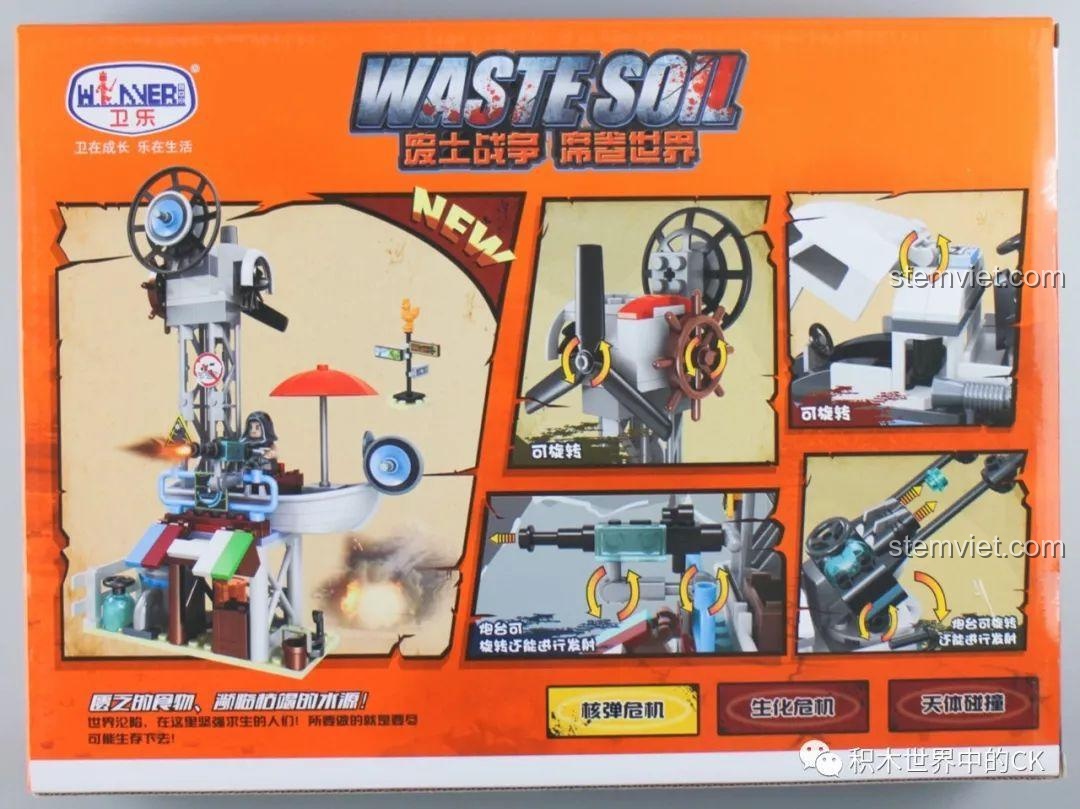 Mặt sau hộp của bộ đồ chơi Trạm Lọc Nước Sinh Tồn 8054, mô tả các chức năng có thể chơi được của mô hình.