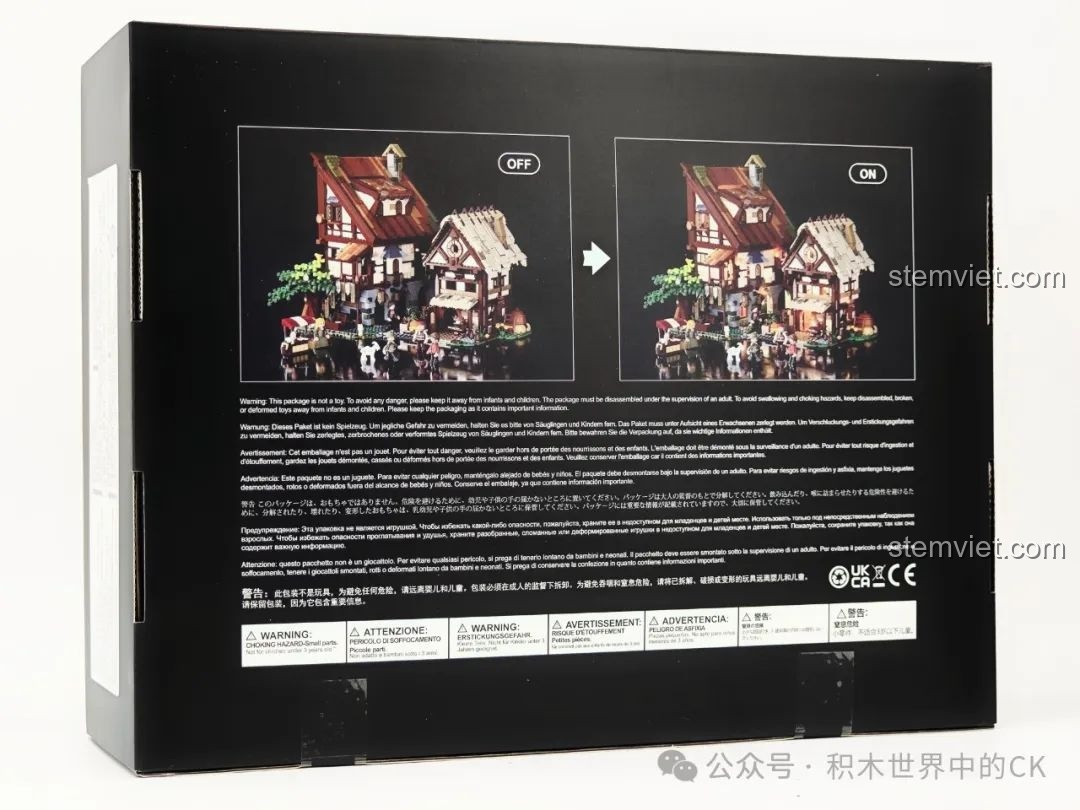 Mặt sau hộp FunWhole F9015 Khu Chợ Thời Trung Cổ hiển thị so sánh mô hình khi bật và tắt đèn LED, cùng các cảnh báo an toàn.