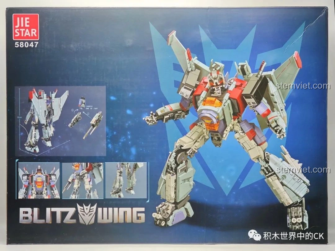 Mặt sau hộp đồ chơi lắp ráp JIESTAR 58047 Robot Biến Hình Blitzwing, minh họa các chế độ biến hình.