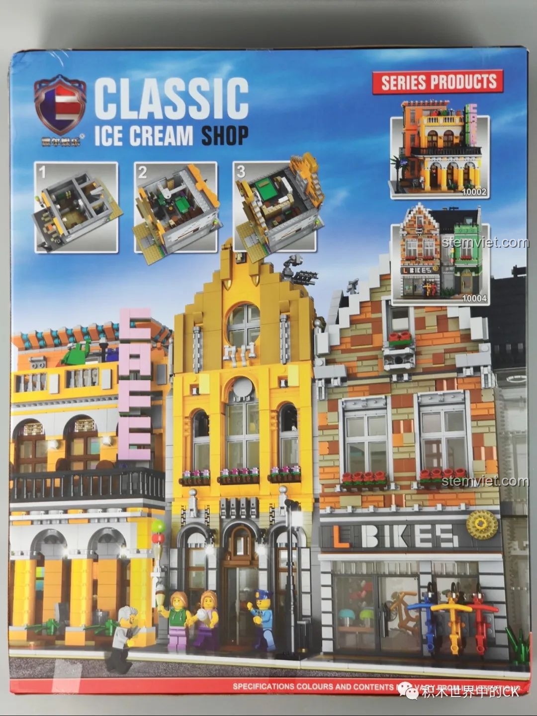 Mặt sau hộp bộ lắp ráp Mô hình Cửa hàng Kem 10003, cho thấy các tầng có thể tách rời và các mẫu nhà phố khác.