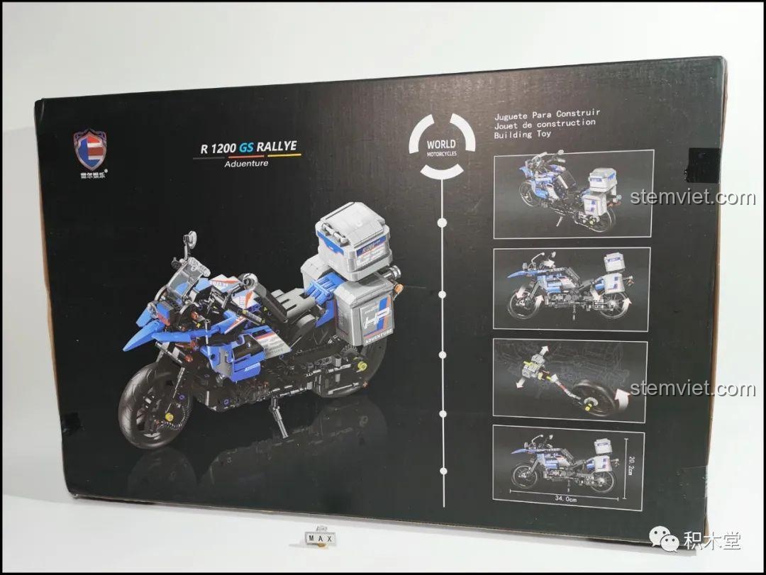 Mặt sau hộp bộ lắp ráp Leier 50008 Mô tô BMW R1200GS Rallye hiển thị các tính năng chính và kích thước mô hình.