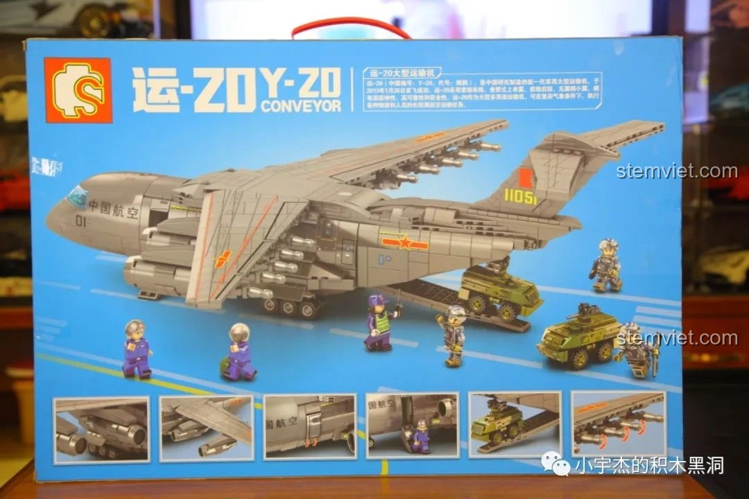 Mặt sau hộp đồ chơi lắp ráp Máy bay vận tải quân sự Vận-20 SEMBO 202130 với các chi tiết mô hình