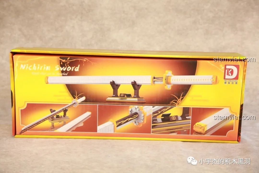 Mặt sau hộp bộ lắp ráp Mô hình kiếm Demon Slayer DK 1506, hiển thị các góc nhìn khác nhau của sản phẩm.