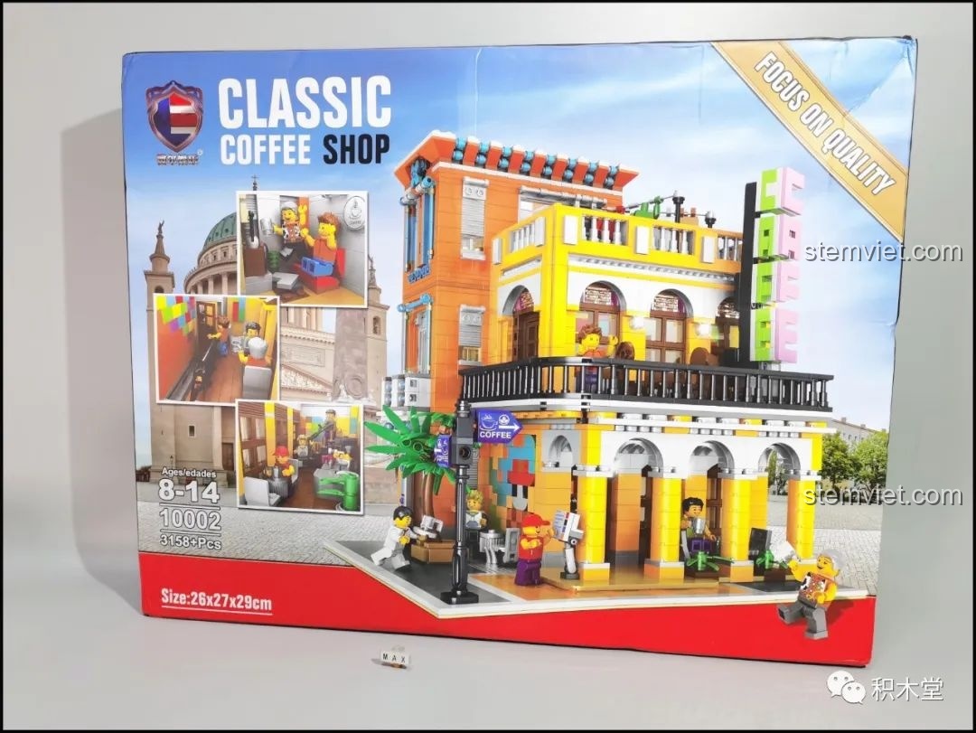 Mặt trước hộp đồ chơi xây dựng RAEL 10002 Tòa nhà Cafe Havana, hiển thị mô hình hoàn chỉnh và số lượng 3158 chi tiết.