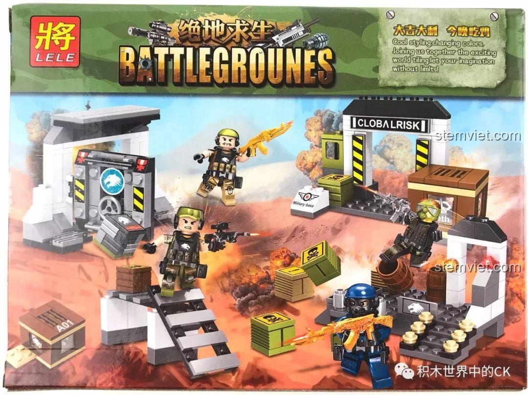 Mặt trước hộp lớn của bộ đồ chơi lắp ráp PUBG LELE 36020, hiển thị toàn bộ các cảnh và nhân vật.