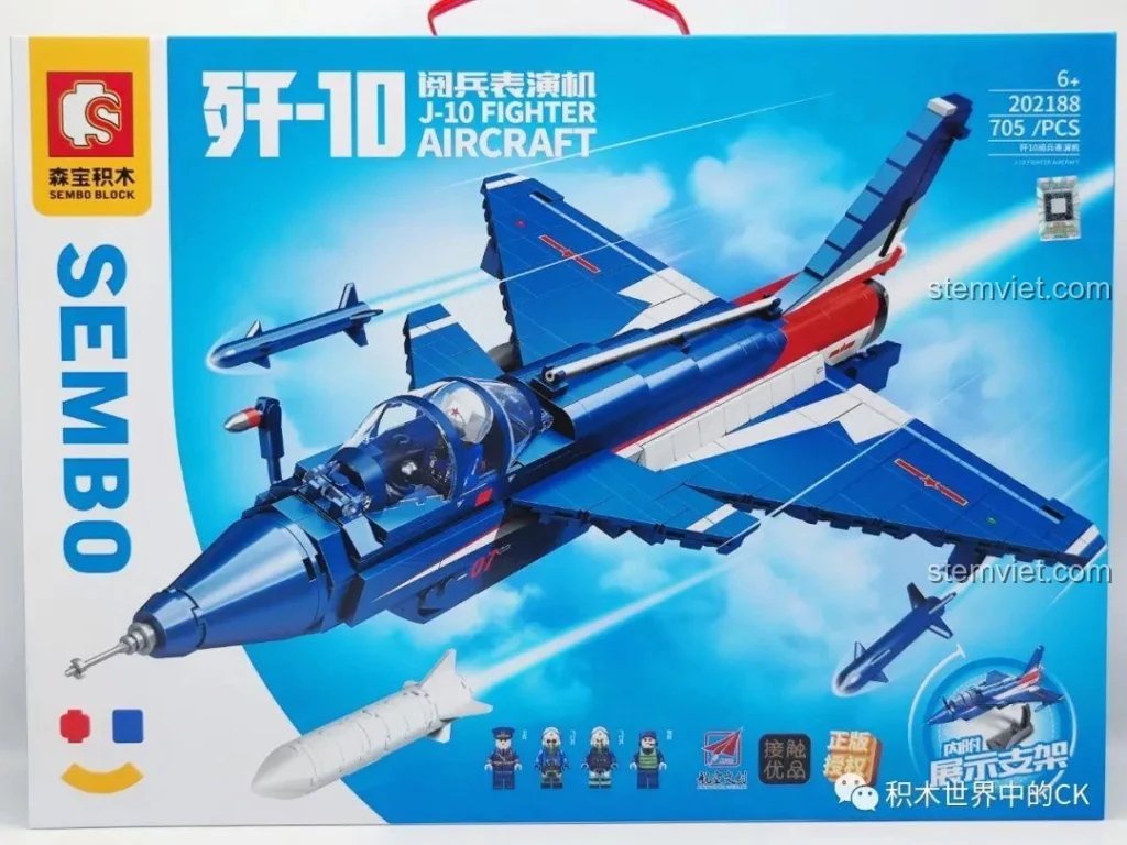 Hộp sản phẩm bộ lắp ráp Máy Bay Biểu Diễn J-10 SEMBO 202188 với hình ảnh máy bay chiến đấu J-10 màu xanh, đỏ, trắng nổi bật.