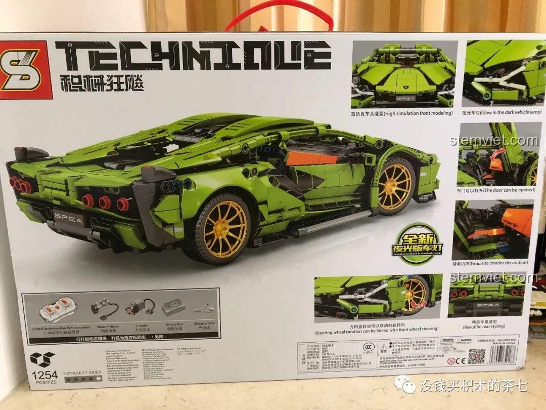 Hộp bộ khối lắp ghép Siêu xe Lamborghini Sián FKP 37 Meiji Blocks 8600 hiển thị thông số kỹ thuật, 1254 mảnh, tỉ lệ 1:14, phù hợp bé trai 6 tuổi