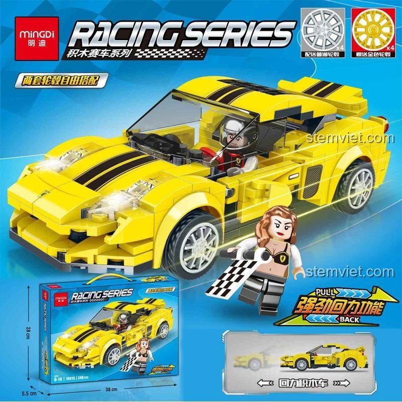 Mô hình đồ chơi lắp ráp Xe thể thao Mingdi 10015 với chức năng kéo lùi, kèm minifigure, phù hợp bé trai 6 tuổi, chất lượng cao.