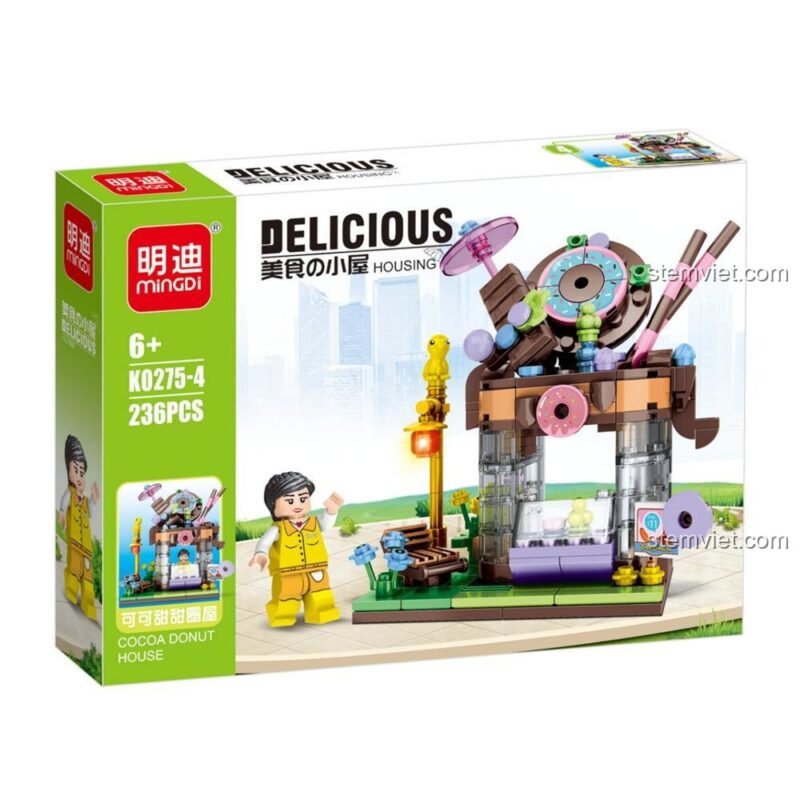 Thông tin chi tiết bộ lắp ráp phố ẩm thực mini MINGDI K0275, bao gồm 4 mẫu và số lượng mảnh ghép.