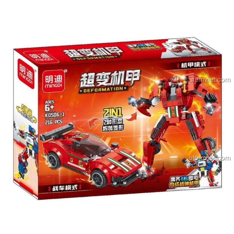 Hộp của bộ phận K0506-2, một chiếc siêu xe màu xanh dương có thể biến hình thành robot, là một phần của bộ lắp ráp Robot Chiến Thần Mecha.