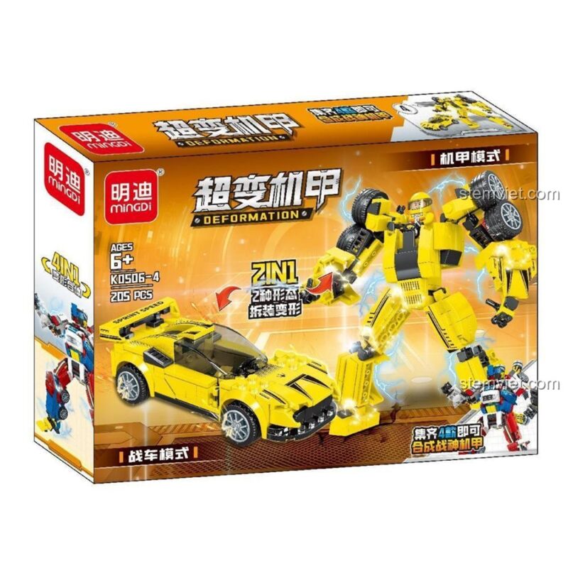 Poster quảng cáo chi tiết bộ lắp ráp Robot biến hình từ ô tô K0506, thể hiện khả năng hợp thể và kích thước các hộp.