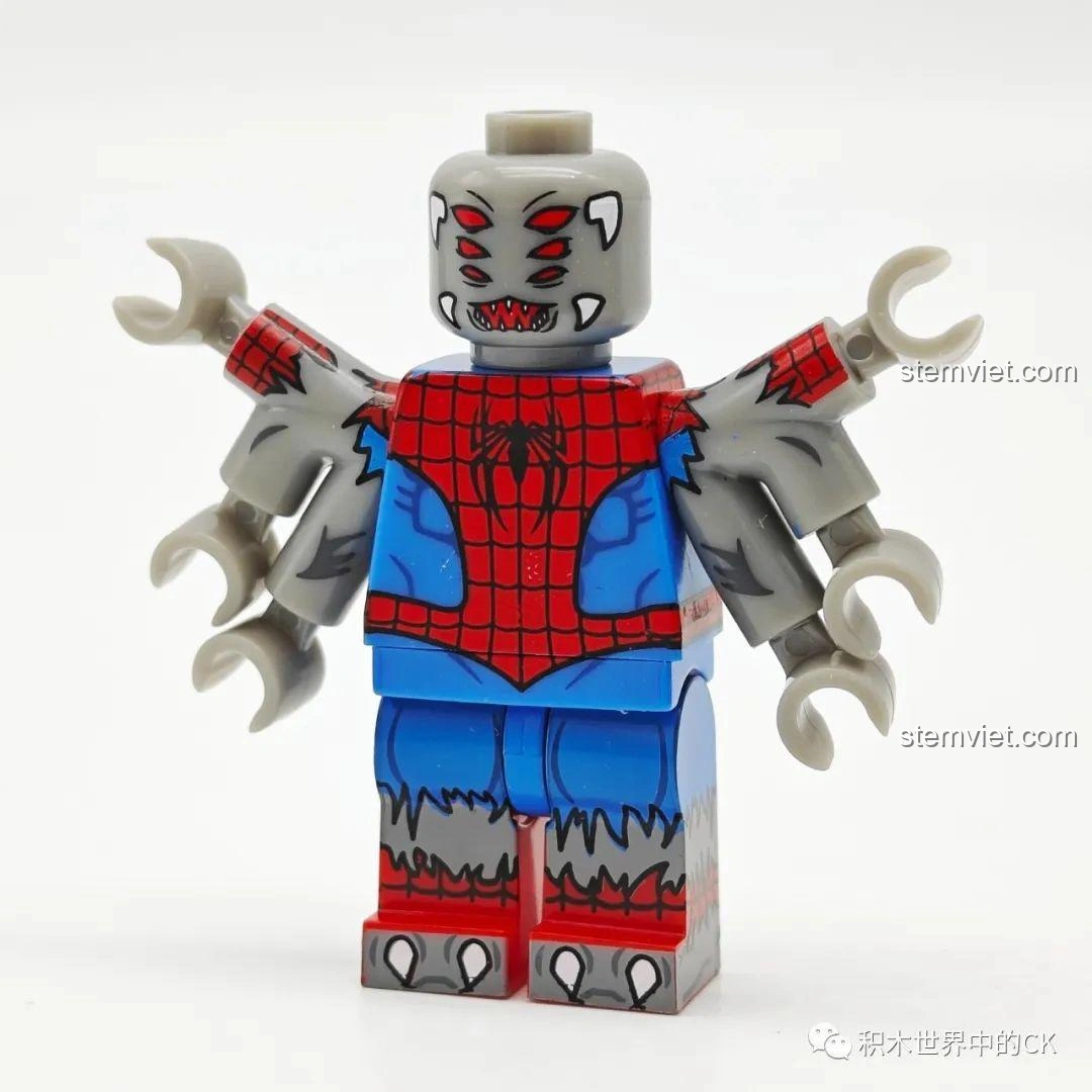 Minifigure Mutant Spider-Man từ bộ KORUIT KT1069 Người Nhện: Du Hành Vũ Trụ, với 6 cánh tay và mắt đỏ.