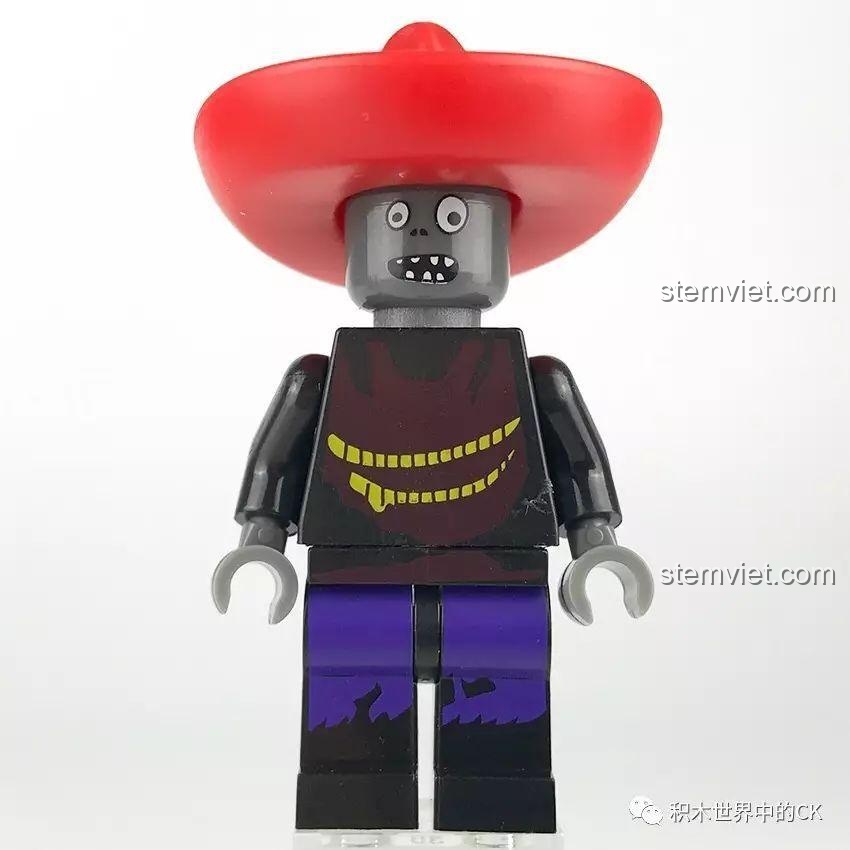 Cận cảnh mặt trước minifigure Zombie Mexico trong bộ LELE 39043, màu in áo hơi nhạt.