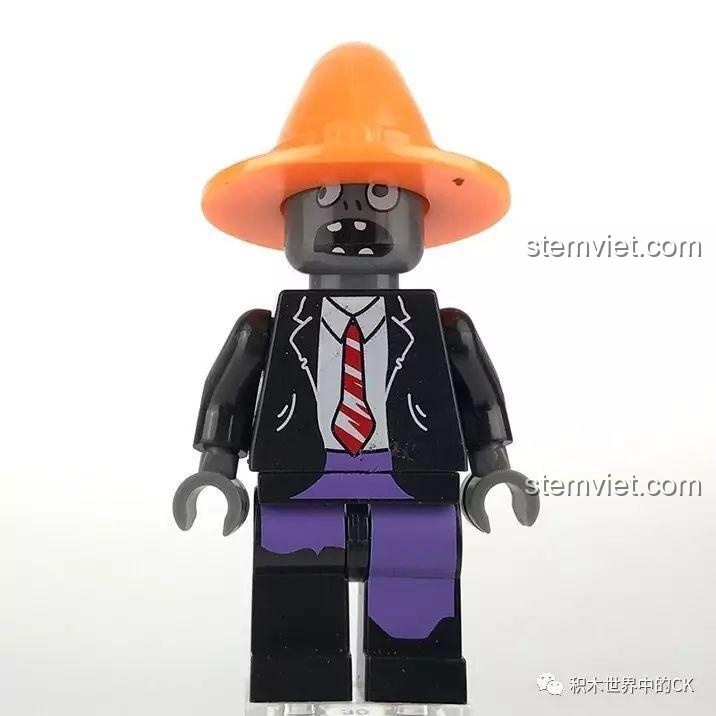 Cận cảnh mặt trước minifigure Zombie Văn Phòng trong bộ lắp ráp LELE 39043 Hoa Quả Nổi Giận.