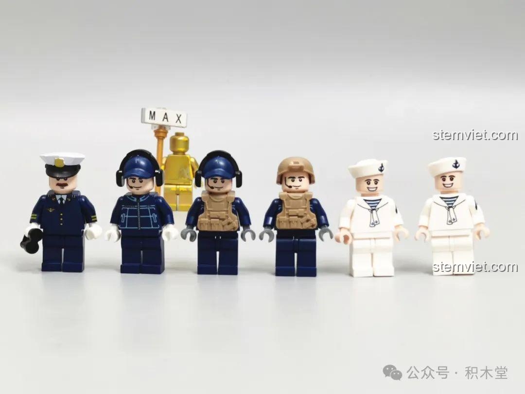 Dàn 6 minifigures hải quân trong bộ lắp ráp Tàu chiến GUDI 8028 giá bình dân, gồm thuyền trưởng và các thủy thủ.