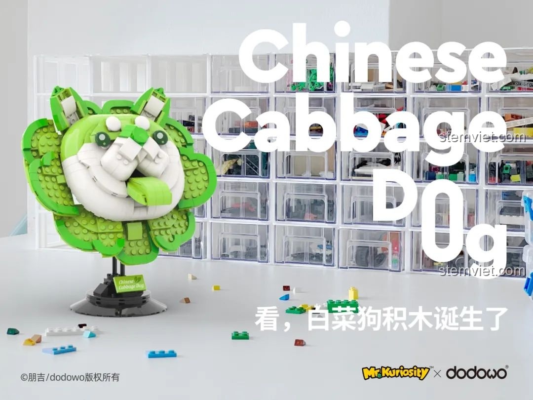 Mô hình Chó Bắp Cải (Vegetable Fairy) 12601 hoàn thiện đặt trên bàn trắng cùng các mảnh ghép, thể hiện quá trình lắp ráp.