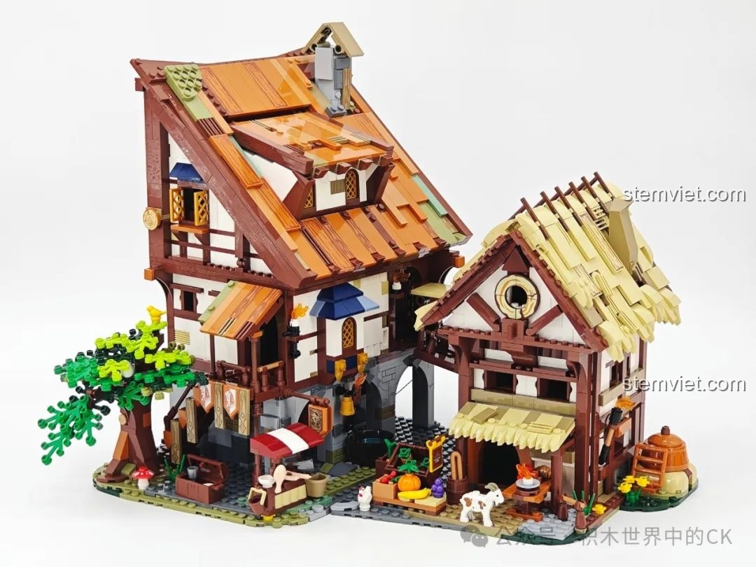 Mô hình FunWhole F9015 Khu Chợ Thời Trung Cổ hoàn thiện với hai tòa nhà, cây xanh và các quầy hàng.