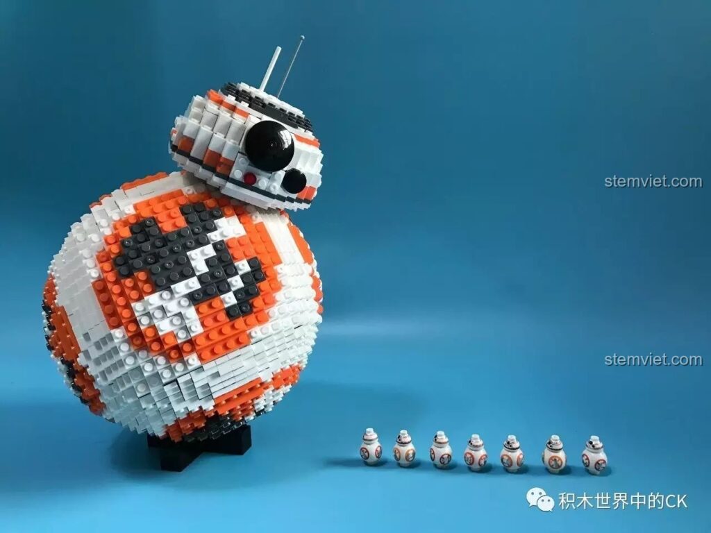 Mô hình Robot BB-8 LELE 35020 hoàn chỉnh được chụp cùng các phiên bản mini, thể hiện sự đáng yêu của sản phẩm.