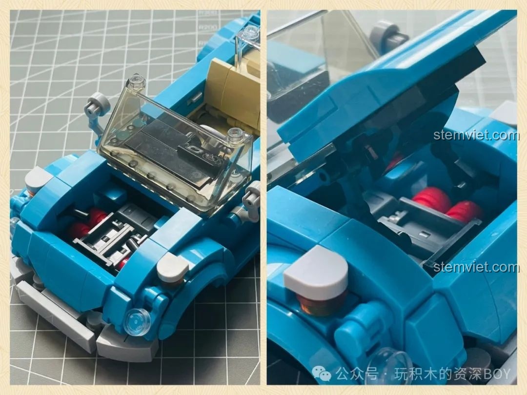 Chi tiết nắp capo có thể mở ra, để lộ khoang động cơ giả định của mô hình Pinbo PB8805 Xe Volkswagen Beetle Cắm Trại.