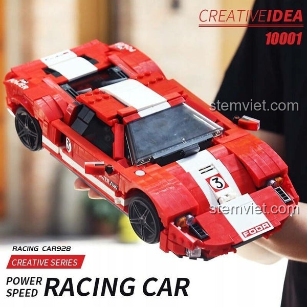 Ảnh bìa hộp của đồ chơi lắp ghép Siêu xe Ford GT Mould King 10001, nhấn mạnh các tính năng và số chi tiết.