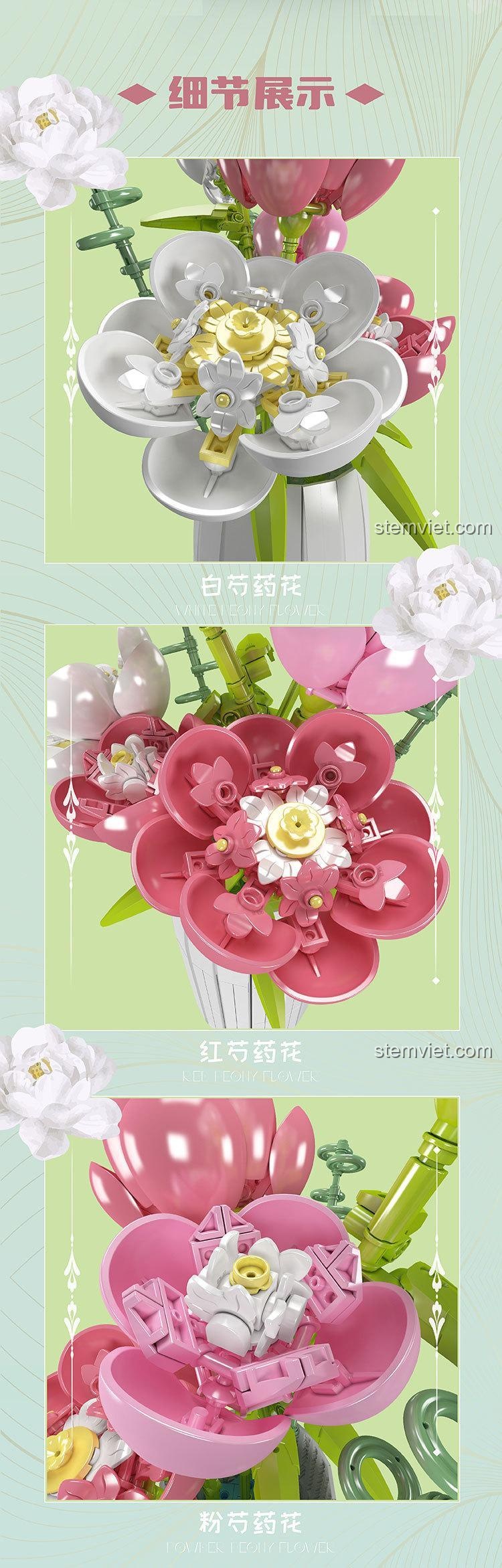 Chi tiết các bông hoa trong bộ đồ chơi Hoa trang trí để bàn 10059, màu sắc tươi tắn, chất lượng cao.