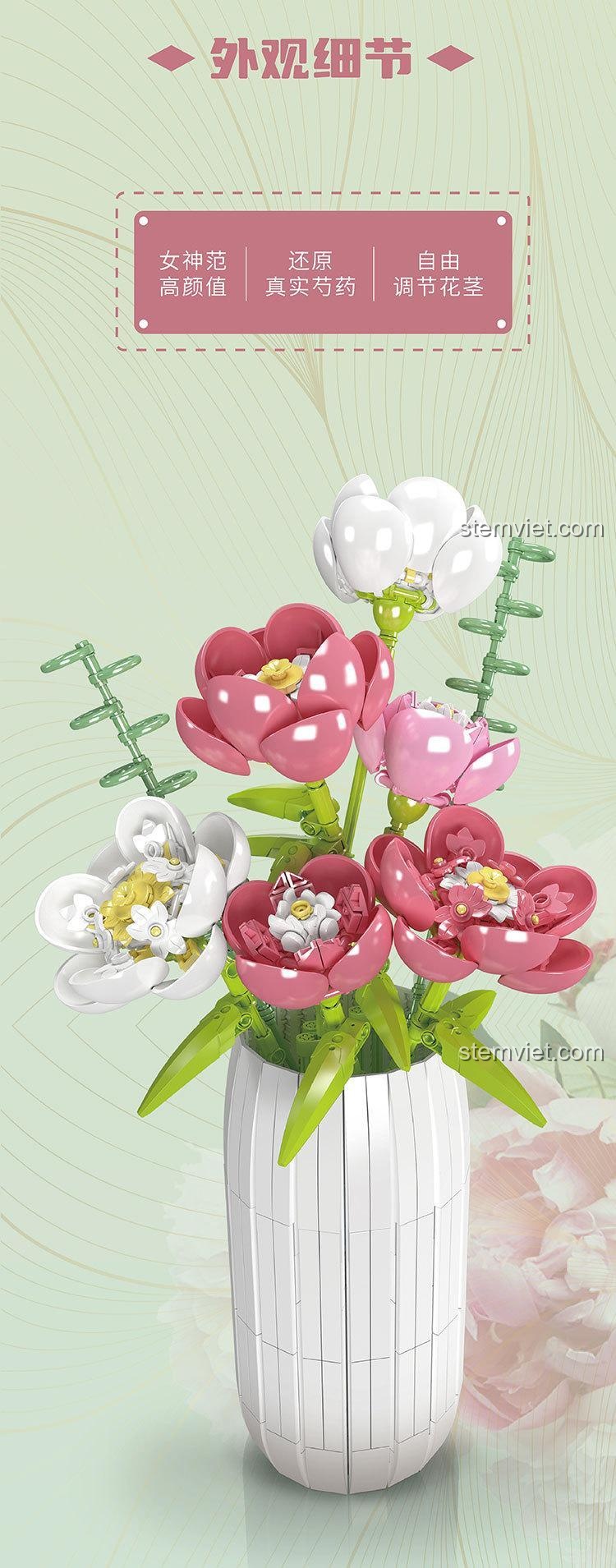 Các đặc điểm nổi bật của Bó hoa thược dược Mould King: vẻ đẹp tinh tế, tái hiện chân thực, thân hoa tùy chỉnh.