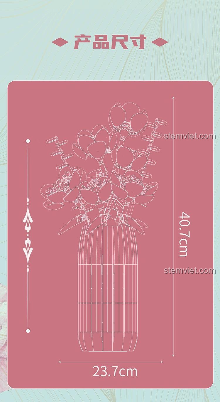 Kích thước thực tế của mô hình hoa thược dược lắp ráp Mould King 10059, cao 40.7cm, rộng 23.7cm.