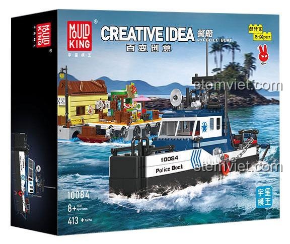 Hộp đồ chơi Mould King 10084 Thuyền Cảnh Sát, bộ lắp ghép 413 mảnh, phù hợp bé trai 8 tuổi, giá tiết kiệm.