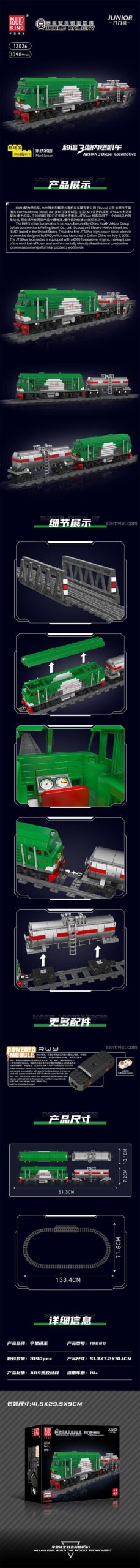 Mô hình Đầu Máy Diesel HXN 3 Mould King 12026 chi tiết, đồ chơi lắp ráp tàu hỏa cho người sưu tầm.