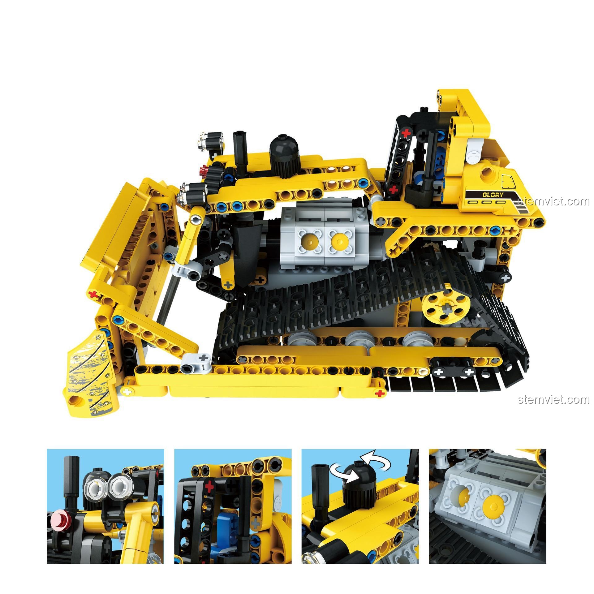 Các chi tiết của đồ chơi mô hình xe ủi Mould King 13015, bao gồm cabin, động cơ và lưỡi ủi.