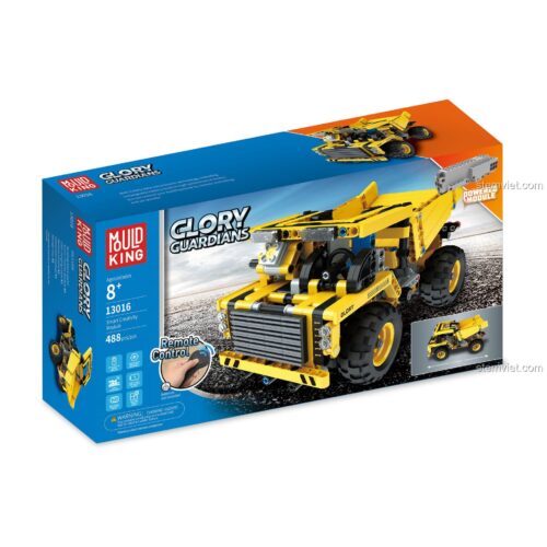 Mô hình Xe ben công trường 13016 sau khi lắp ráp hoàn chỉnh, màu vàng nổi bật, sẵn sàng cho bé trai 9 tuổi điều khiển.