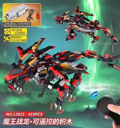 Mô hình Rồng Quỷ 13021 sau khi lắp ráp hoàn chỉnh, đi kèm điều khiển từ xa và bộ sạc USB tiện lợi.