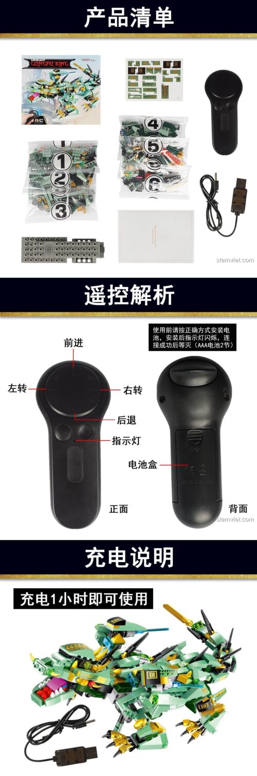 Các chi tiết bên trong bộ lắp ráp robot Rồng Xanh Mould King 13022, gồm các túi mảnh ghép, điều khiển, pin sạc.