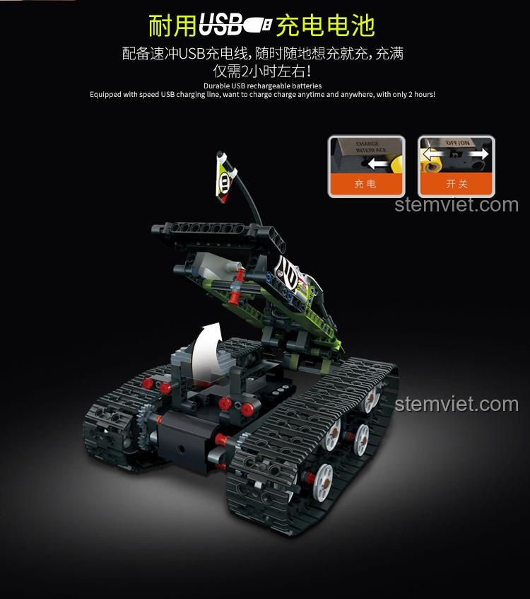 Tính năng pin sạc qua cổng USB của xe đua bánh xích Mould King 13023, sạc đầy trong 2 giờ.