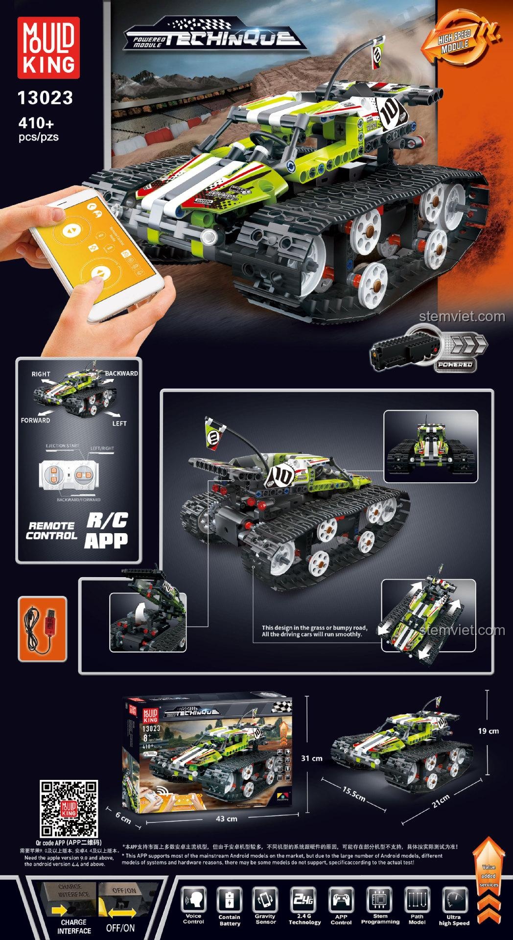 Thông số kỹ thuật và tính năng của bộ đồ chơi Mould King 13023, bao gồm kích thước hộp, kích thước xe, điều khiển qua app.