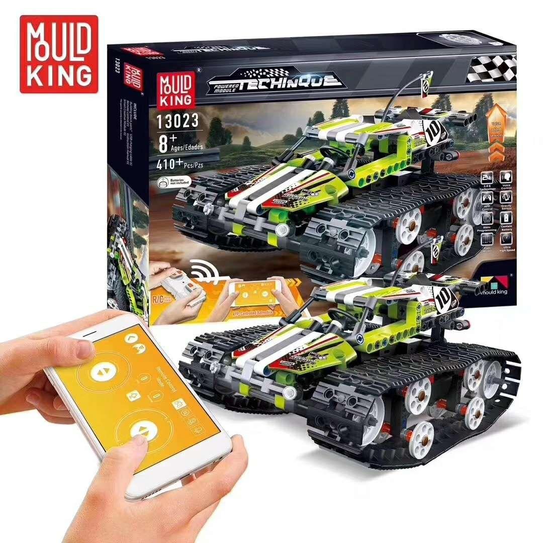 Hộp đồ chơi lắp ráp Mould King 13023 Xe Đua Bánh Xích RC, điều khiển qua app điện thoại, cho bé trai 9 tuổi.
