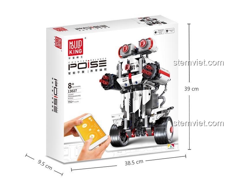 Bảng thông số kỹ thuật của Robot Lập Trình Poise Mould King, bao gồm kích thước mô hình 28x18.5x10 cm.