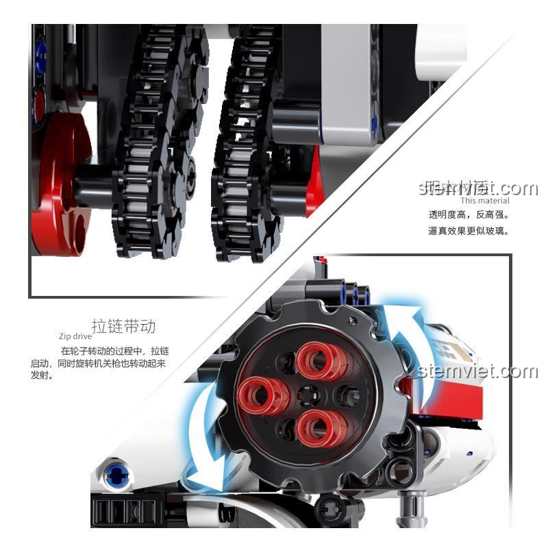 Cận cảnh cơ chế bắn đạn của đồ chơi lập trình Robot Điều Khiển Từ Xa Poise, sử dụng dây kéo để xoay và bắn.