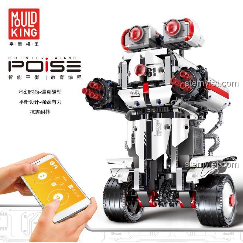 Bộ lắp ráp Robot Lập Trình Poise Mould King 13027 với tính năng kết nối điện thoại để điều khiển và lập trình, một món đồ chơi STEM giá tốt.