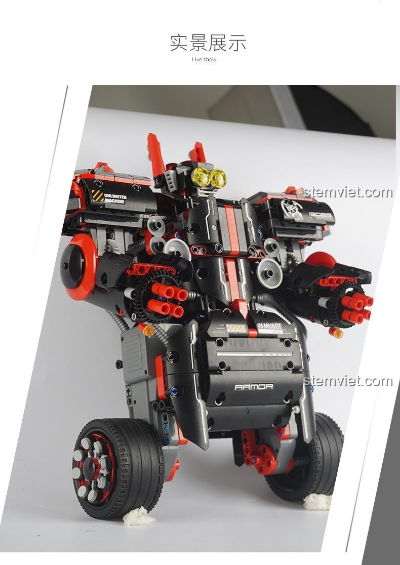 Bảng thông số kỹ thuật và kích thước của robot Mould King 13028, cao 27cm, dài 22cm, rộng 23cm.