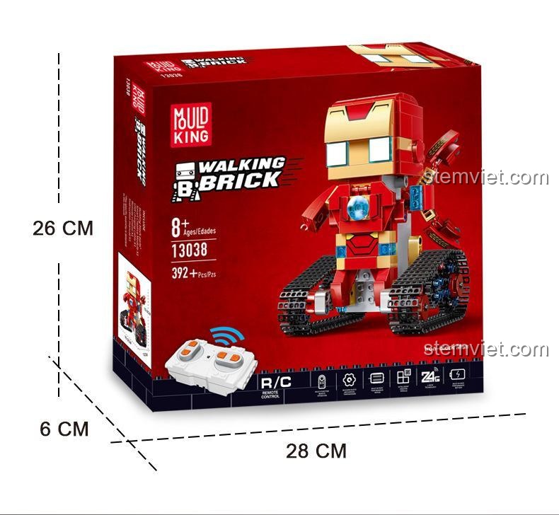 Kích thước hộp bộ lắp ráp Robot Iron Man 13038, món quà sinh nhật lý tưởng.