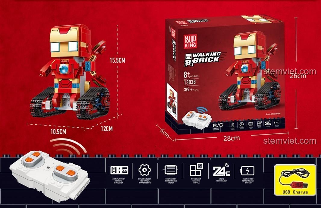 Tổng quan bộ lắp ráp Robot điều khiển từ xa Iron Man 13038, bao gồm sạc USB tiện lợi.