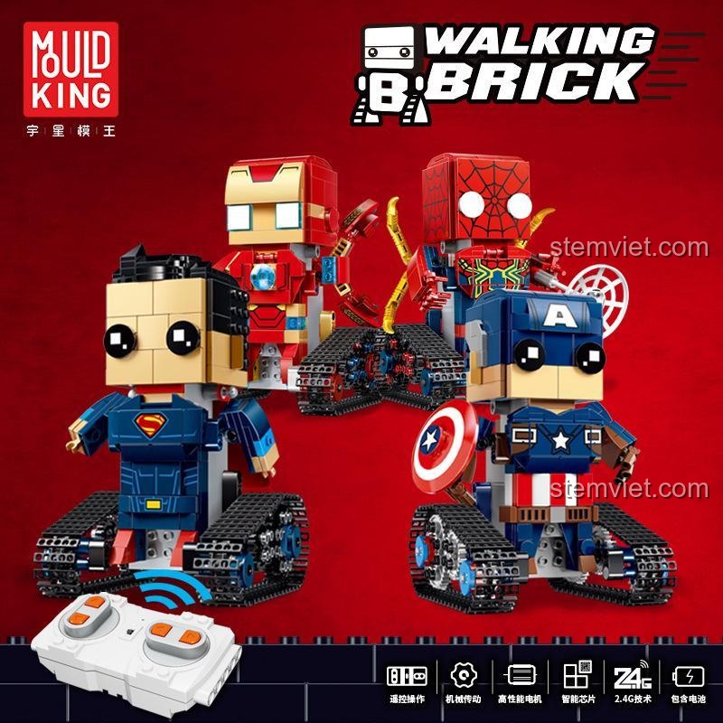 Trọn bộ sưu tập Walking Brick của Mould King, bao gồm bộ lắp ráp Robot Đội Trưởng Mỹ 13041 và các siêu anh hùng khác.