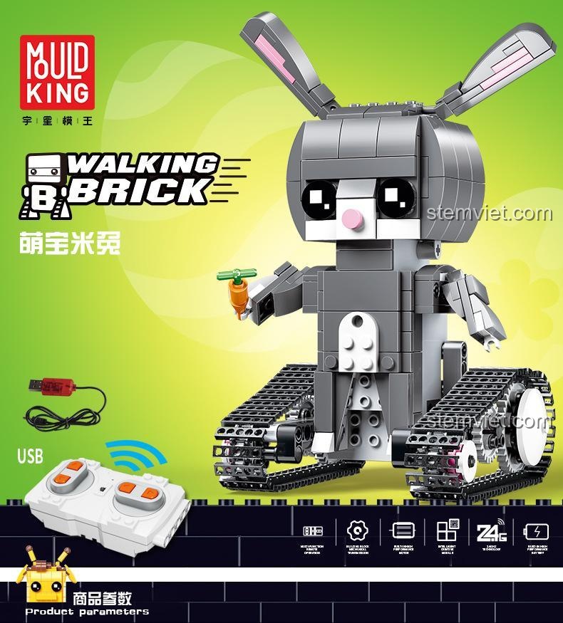 Toàn bộ dòng sản phẩm Walking Brick của Mould King, bao gồm robot thỏ, hươu cao cổ và chuột Mickey.