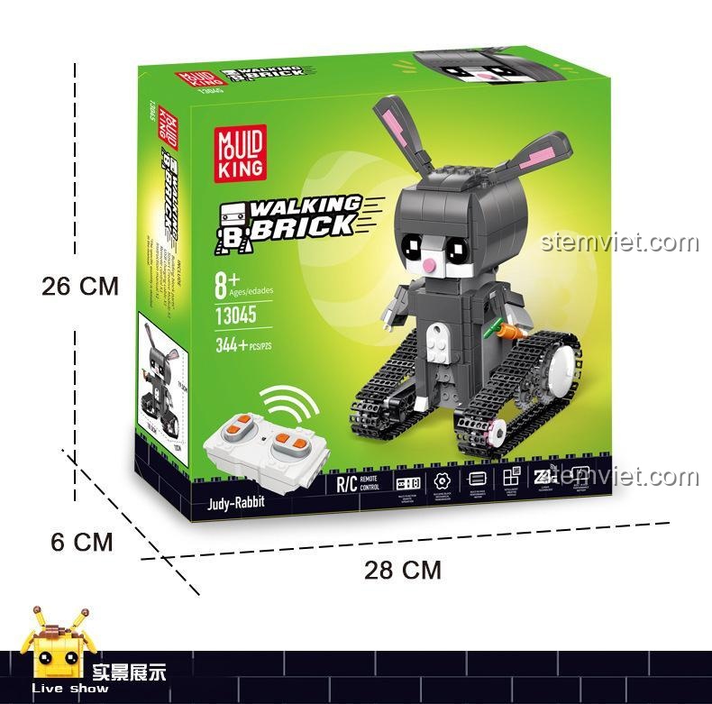 Hộp sản phẩm bộ lắp ráp Robot Thỏ điều khiển từ xa Mould King 13045, hiển thị hình ảnh chú thỏ và bộ điều khiển.