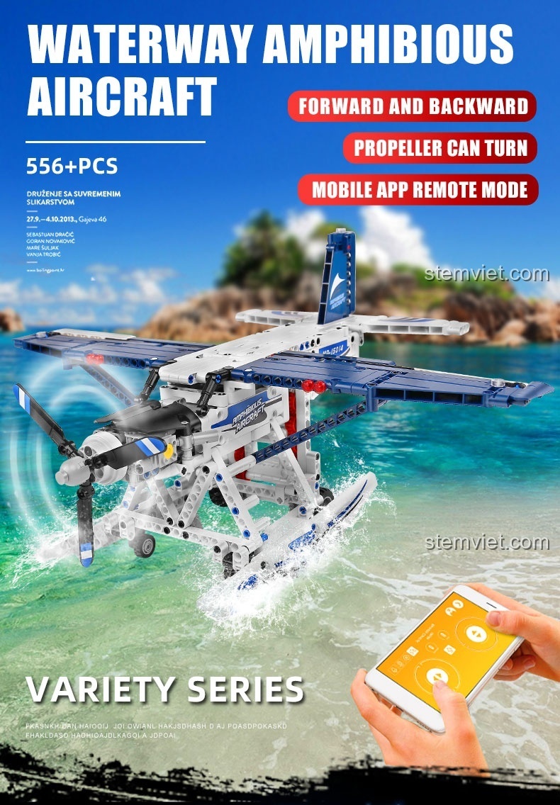 Poster giới thiệu tính năng điều khiển từ xa qua app của đồ chơi mô hình Mould King 15014.