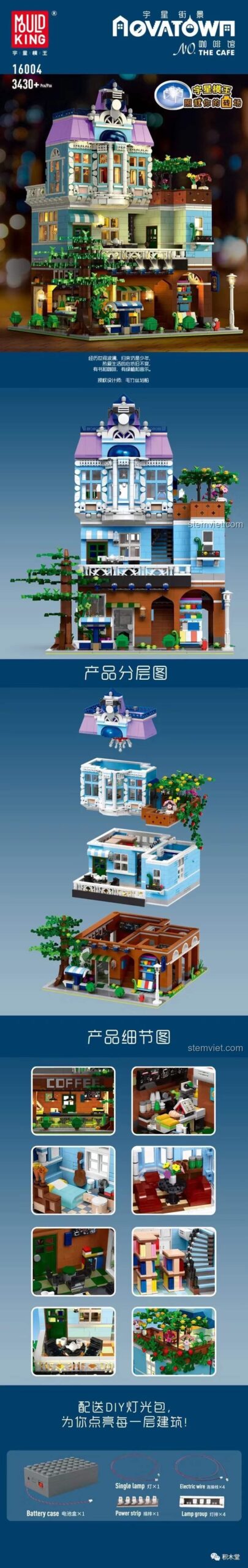 Poster quảng cáo chi tiết các tầng và bộ đèn LED của đồ chơi xây dựng Tòa nhà Quán Cafe Mould King 16004.