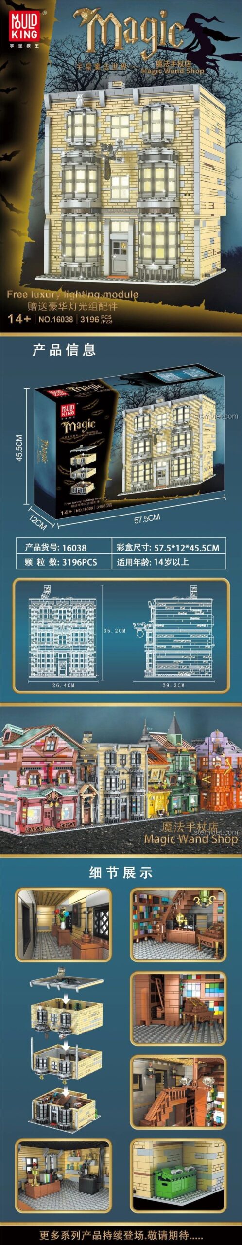 Poster quảng cáo cho bộ xếp hình Mould King 16038, thể hiện kích thước hộp, số chi tiết 3196 và các góc nhìn chi tiết của Tiệm đũa phép của Ollivander.