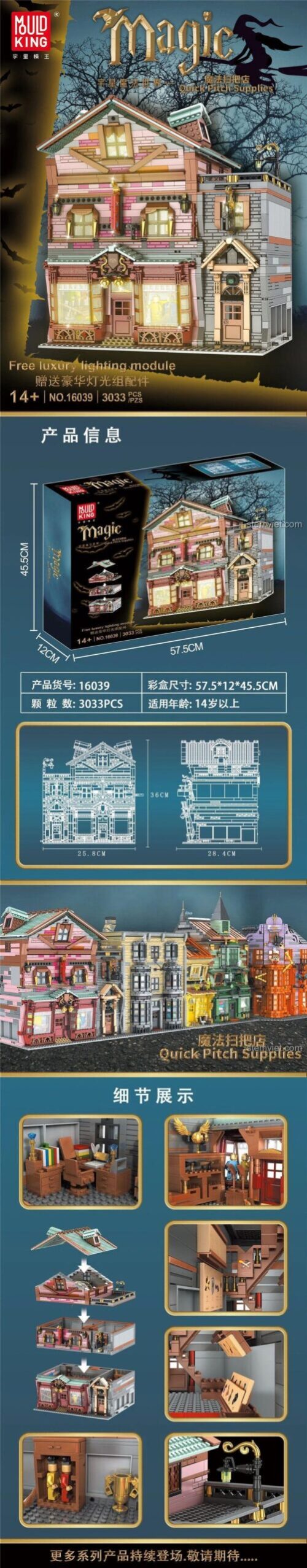 Ảnh quảng cáo chi tiết bộ xếp hình Mould King 16039, hiển thị kích thước hộp, kích thước mô hình và các chi tiết nội thất bên trong.