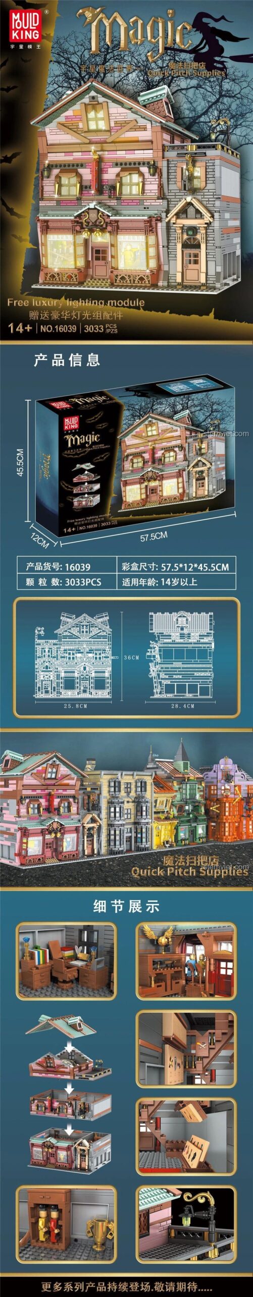Ảnh quảng cáo chi tiết bộ xếp hình Mould King 16039, hiển thị kích thước hộp, kích thước mô hình và các chi tiết nội thất bên trong.